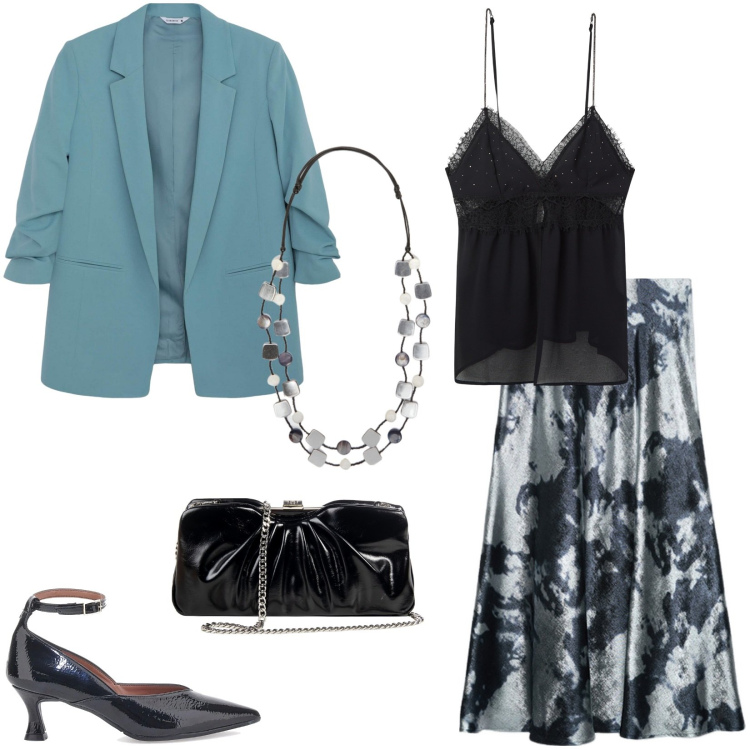 Outfit donna - La gonna midi satin a primavera. Stile Chic per Serata fuori. Abbinamento con blazer, canottiere, pochette, décolleté, gonne longuette, collane.