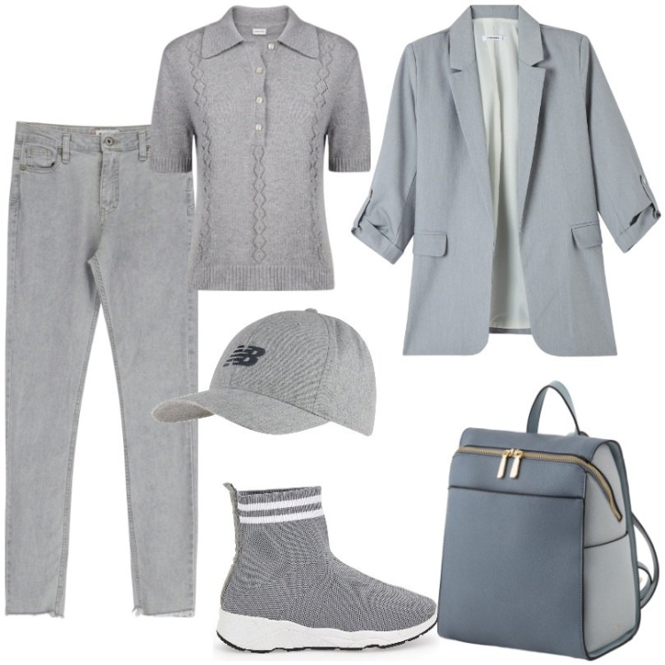 Outfit donna - Total look #2078864. Stile Basic per Tutti i giorni. Abbinamento con blazer, cappelli con visiera, jeans skinny, sneakers, polo, zaini.