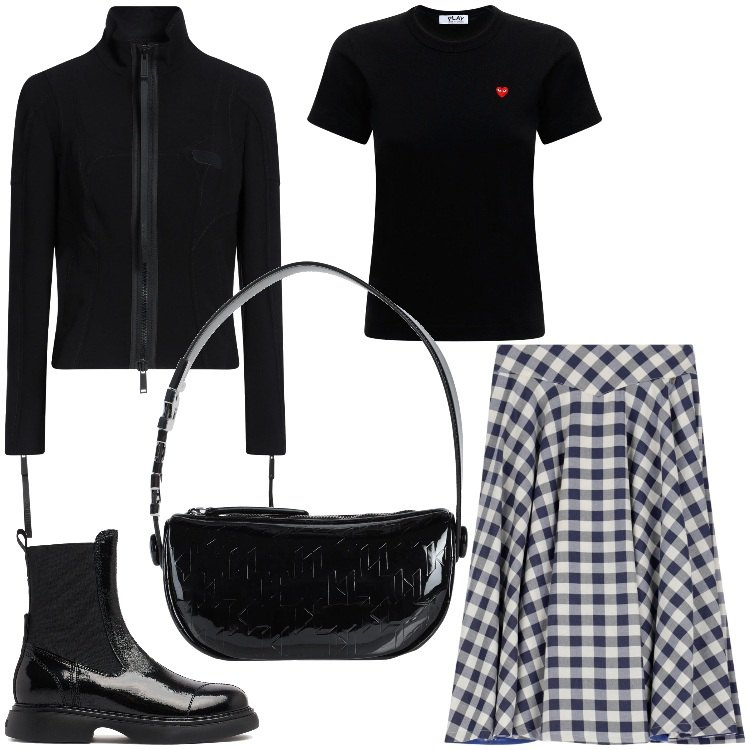 Outfit donna - Nero a quadretti. Stile Casual chic per Serata fuori. Abbinamento con borse a mano, blazer, gonne, t-shirt, stivaletti chelsea.