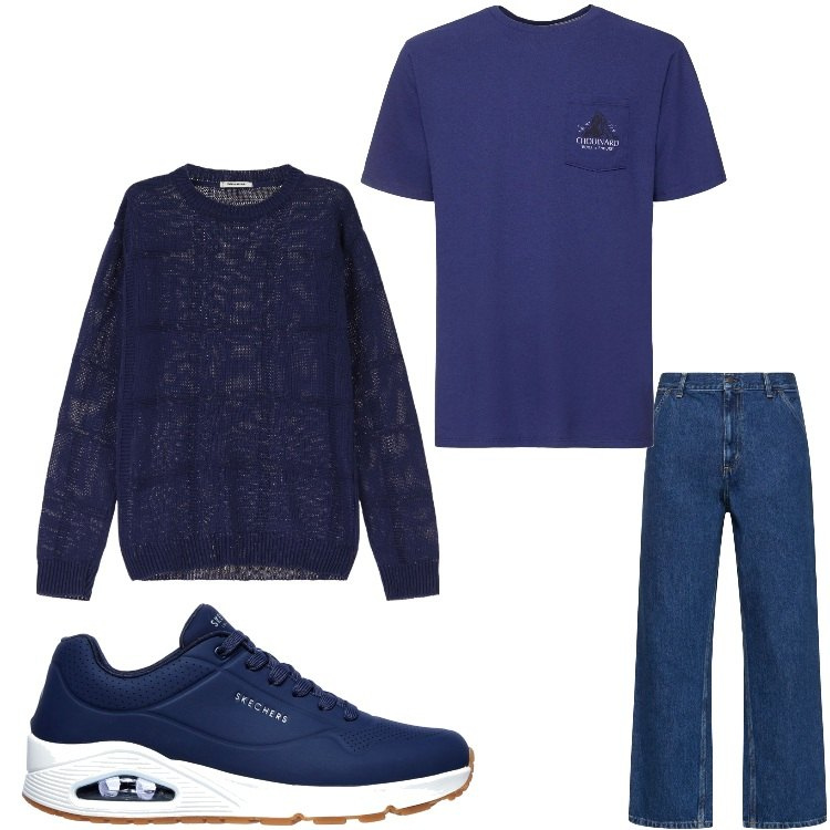 Outfit uomo - Casual blu. Stile Casual per Tutti i giorni. Abbinamento con pullovers, sneakers, jeans, t-shirt.