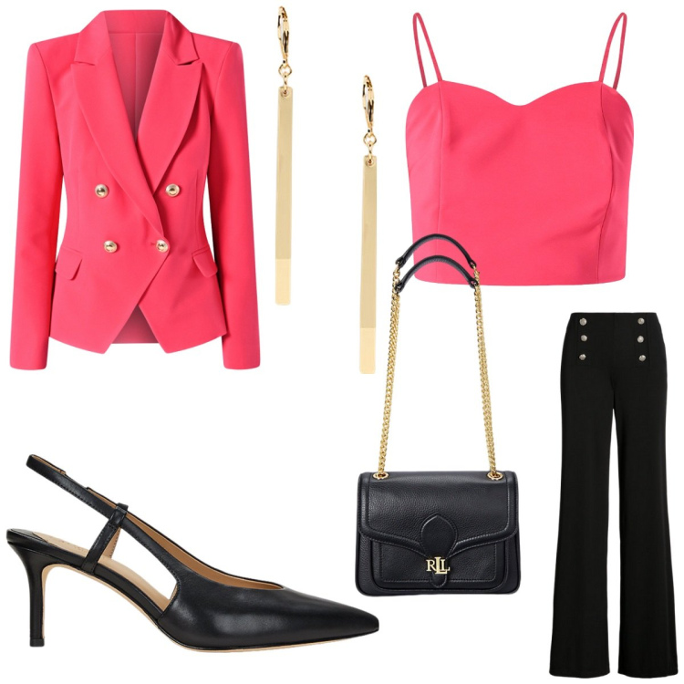 Outfit donna - Festa della donna. Stile Casual chic per Serata fuori. Abbinamento con blazer, top, orecchini, pantaloni, borse a spalla, décolleté.