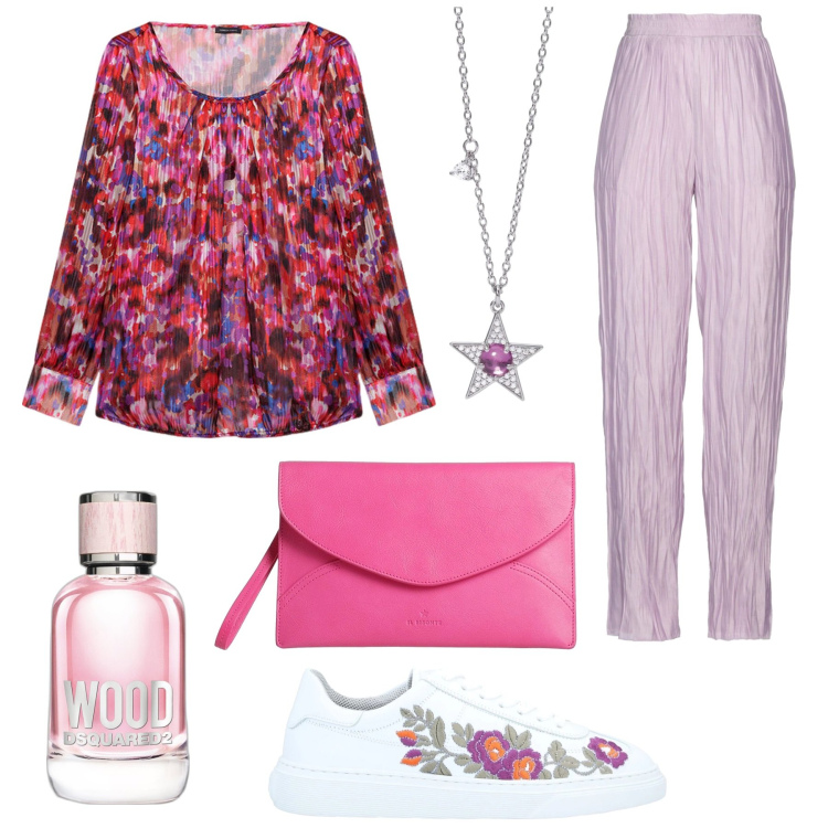 Outfit donna - La blusa floreale. Stile Romantica per Serata fuori. Abbinamento con pantaloni, sneakers, borse a mano, profumi, collane, bluse.