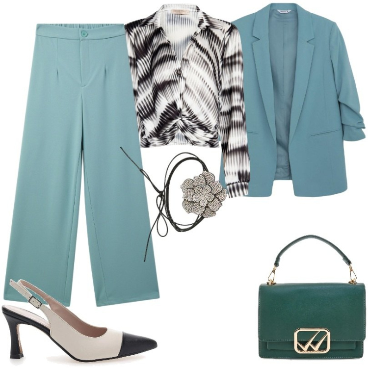 Outfit donna - Total look #2078880. Stile Chic per Ufficio. Abbinamento con pantaloni, blazer, collane, bluse, décolleté, borse a tracolla.
