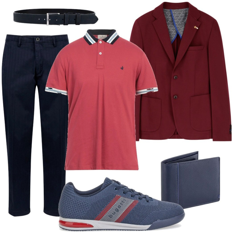 Outfit uomo - Preppy moderno. Stile Trendy per Ufficio. Abbinamento con polo, giacche, cinture, pantaloni, scarpe stringate, portafogli.