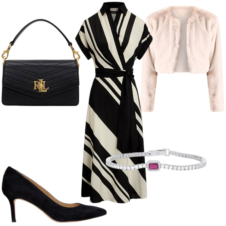 Outfit donna - Donne. Stile Chic per Serata fuori. Abbinamento con braccialetti, bolero, borse a tracolla, décolleté, vestiti.