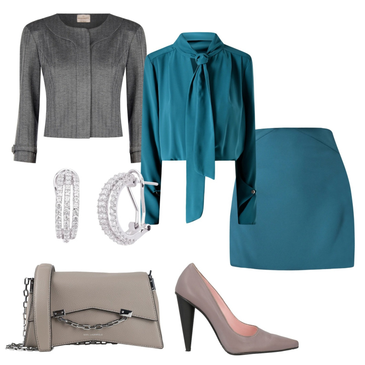 Outfit donna - Serata elegante. Stile Chic per Serata fuori. Abbinamento con décolleté, borse a tracolla, minigonne, blazer, bluse, orecchini.