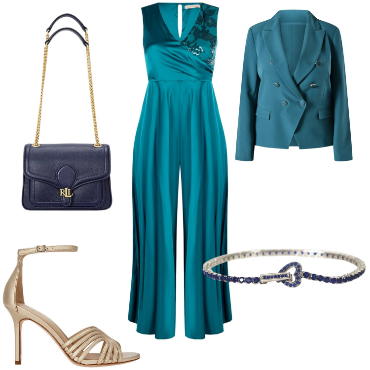 Outfit donna - Speciale donne. Stile Chic per Serata fuori. Abbinamento con braccialetti, tute, blazer, borse a spalla, sandali in pelle.