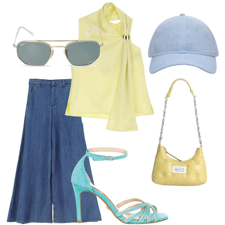 Outfit donna - Jeans dixie ampi. Stile Casual per Serata fuori. Abbinamento con borse a spalla, sandali col tacco, top, jeans, occhiali da sole, cappelli.