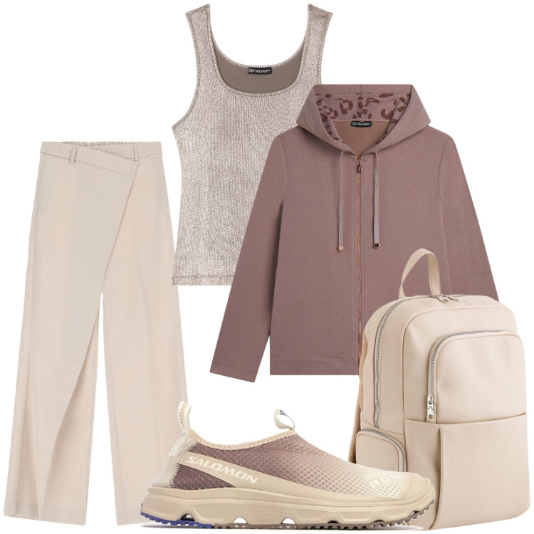 Outfit donna - Pantaloni a forma asimmetrica. Stile Basic per Scuola/Università. Abbinamento con pantaloni, felpe con cappuccio, canottiere, sneakers, zaini.