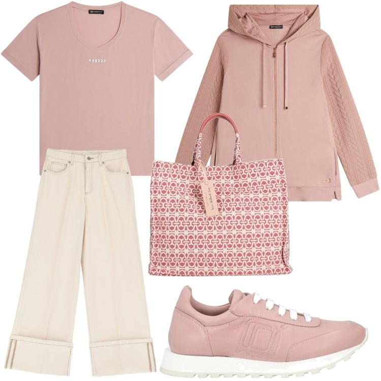 Outfit donna - Tonalità del rosa. Stile Glamour per Scuola/Università. Abbinamento con sneakers, borse a mano, felpe con cappuccio, t-shirt, pantaloni.