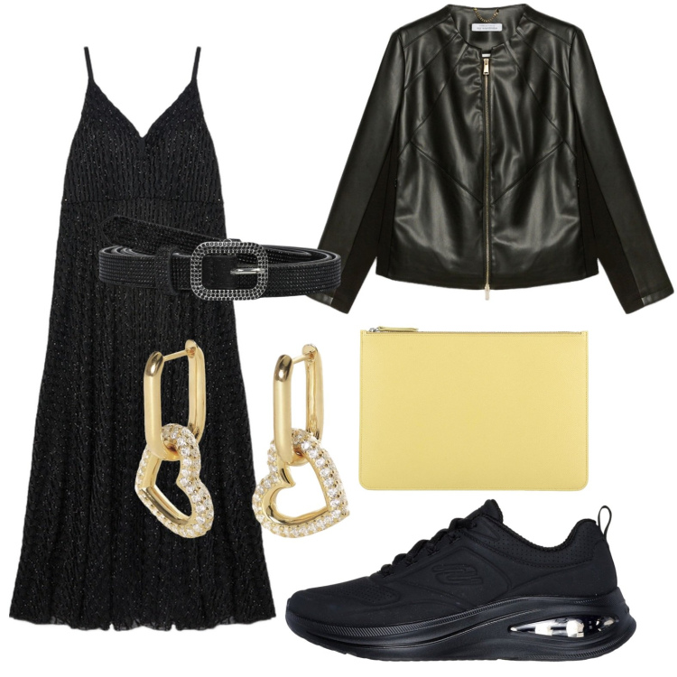 Outfit donna - Serata in lungo. Stile Rock per Serata fuori. Abbinamento con pochette, cinture, orecchini, sneakers, vestiti lunghi, blazer.