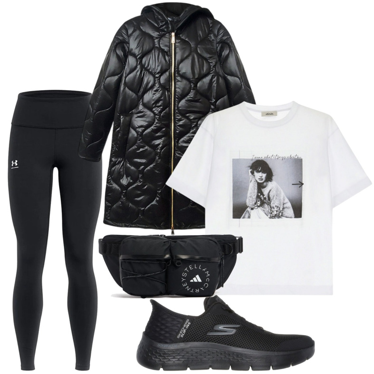Outfit donna - Only black. Stile Sporty chic per Tutti i giorni. Abbinamento con t-shirt, sneakers, piumini, leggings, marsupi.