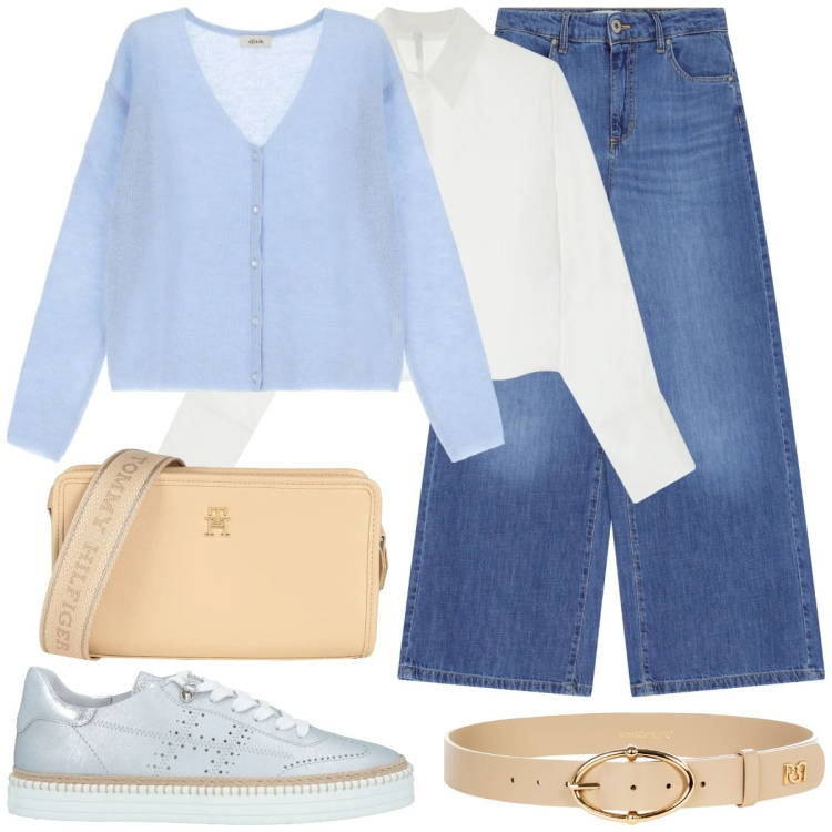 Outfit donna - Hello spring!. Stile Casual per Tutti i giorni. Abbinamento con sneakers, borse a tracolla, camicie, pantaloni a palazzo, cardigans, cinture.