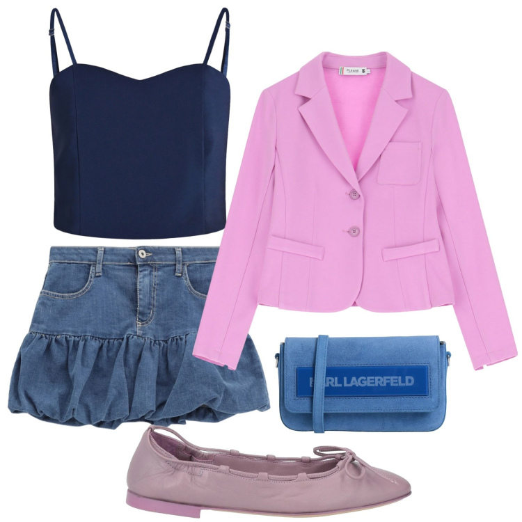 Outfit donna - La mini a palloncino. Stile Casual per Tutti i giorni. Abbinamento con ballerine, borse a tracolla, top, minigonne, blazer.