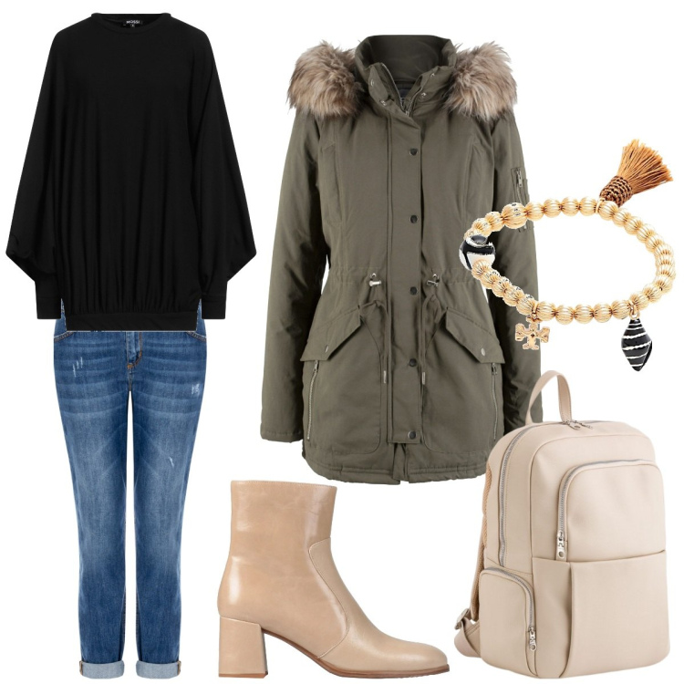 Outfit donna - Total look. Stile Urban per Tutti i giorni. Abbinamento con parka, felpe, braccialetti, stivaletti, jeans skinny, zaini.