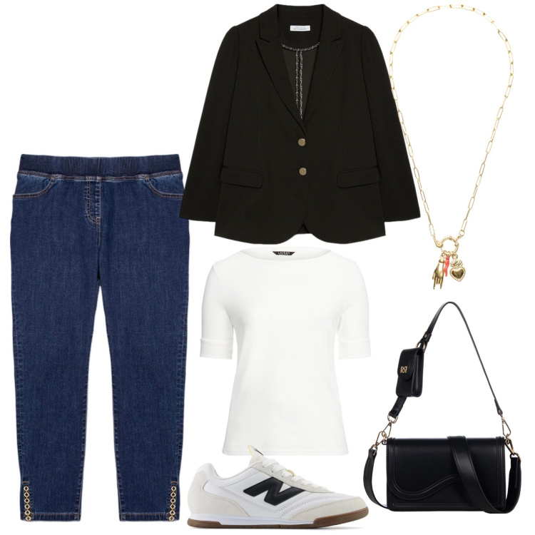 Outfit donna - Trappola. Stile Casual chic per Tutti i giorni. Abbinamento con pochette, sneakers, ciondoli, top, blazer, jeggings.