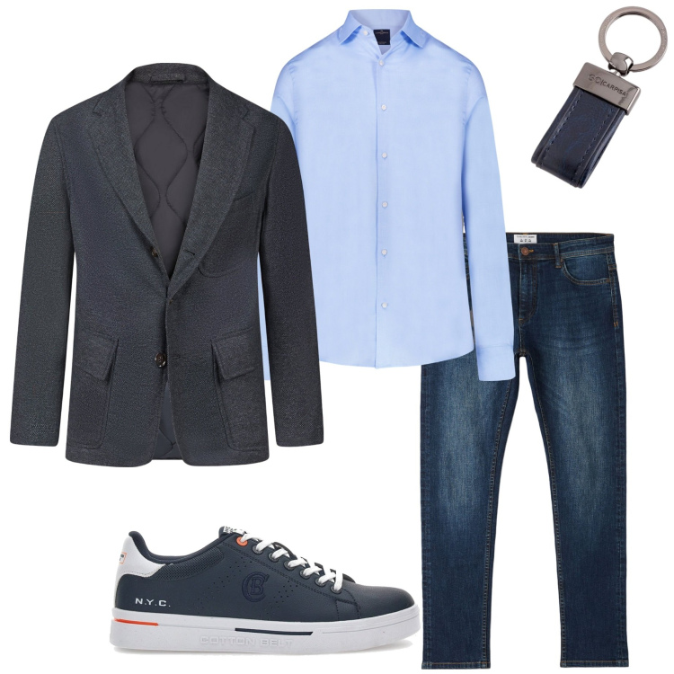 Outfit uomo - Casual style. Stile Casual per Serata speciale. Abbinamento con jeans skinny, sneakers, camicie, giacche, portachiavi.