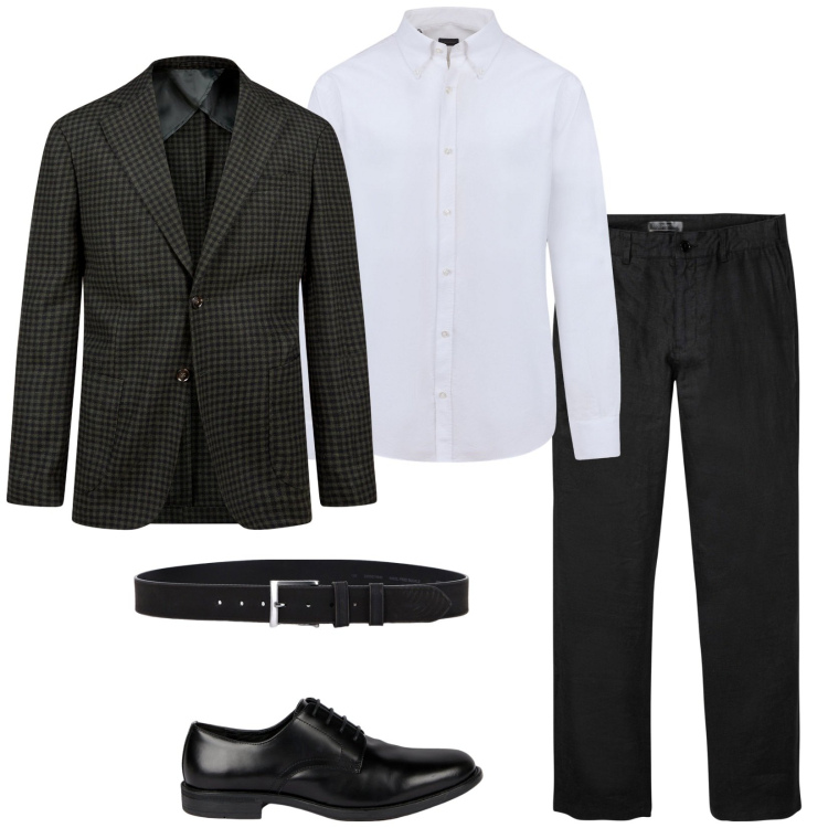 Outfit uomo - Tuesday. Stile Business/Elegante per Ufficio. Abbinamento con pantaloni, cinture, giacche, scarpe stringate, camicie.