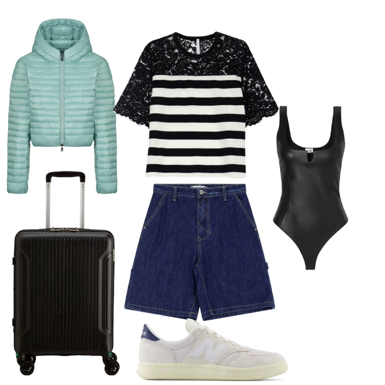 Outfit donna - Extra. Stile Casual chic per Tutti i giorni. Abbinamento con body, sneakers, bermuda, t-shirt, piumini, valigie.