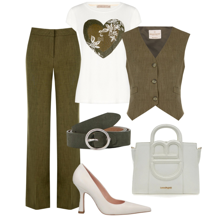 Outfit donna - Completo glam con la t-shirt. Stile Casual chic per Ufficio. Abbinamento con décolleté, cinture, pantaloni a palazzo, gilet, t-shirt, borse a tracolla.