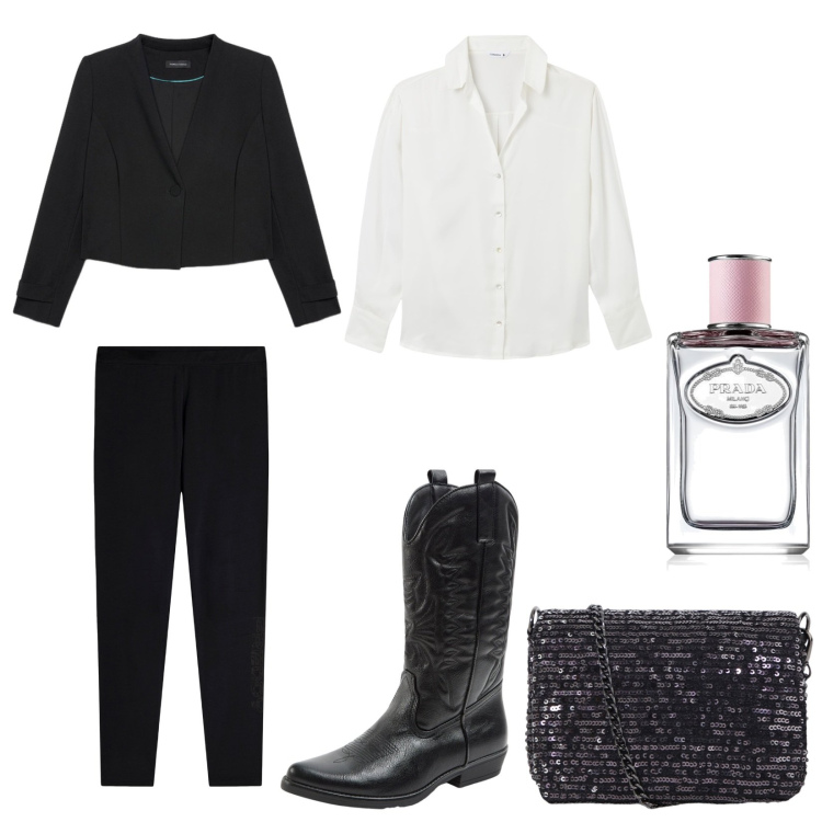 Outfit donna - Draghi. Stile Casual chic per Tutti i giorni. Abbinamento con profumi, camicie, stivali, leggings, borse a tracolla, blazer.