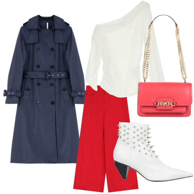 Outfit donna - Trench di classe. Stile Chic per Serata fuori. Abbinamento con stivaletti, borse a spalla, trench, maglieria, jeans.