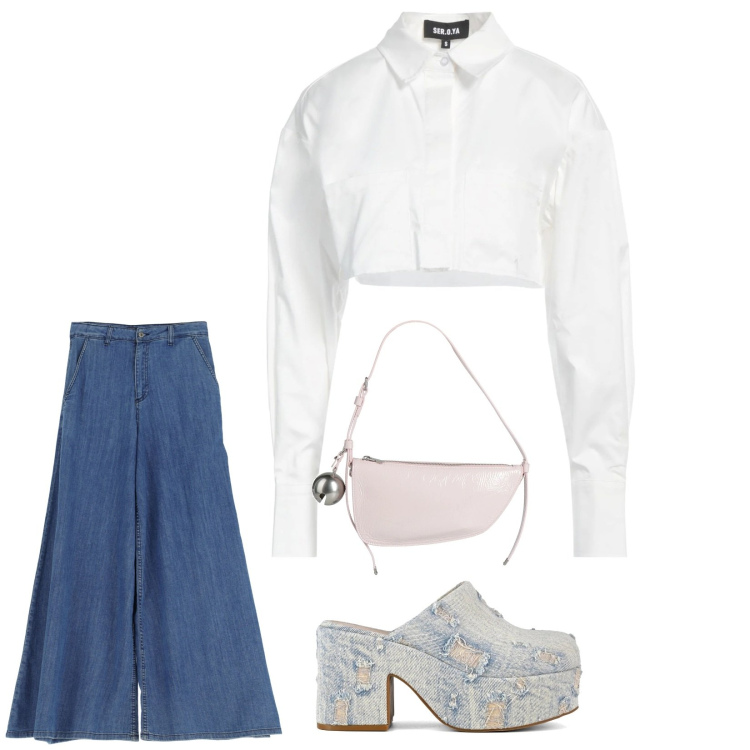 Outfit donna - Camicia bianca. Stile Glamour per Serata fuori. Abbinamento con camicie, borse a mano, jeans, sabot.