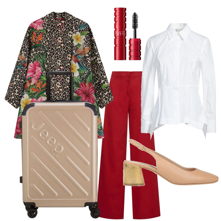 Outfit donna - Trench garden. Stile Glamour per Tutti i giorni. Abbinamento con décolleté, camicie, mascara, trench, pantaloni, valigie.