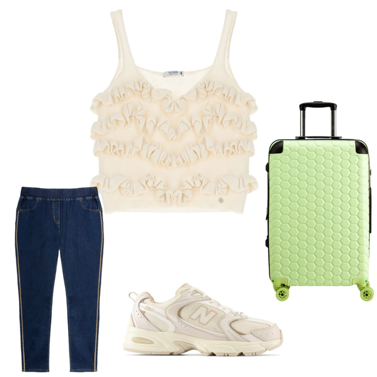 Outfit donna - Top. Stile Casual chic per Tutti i giorni. Abbinamento con sneakers, top, jeggings, valigie.