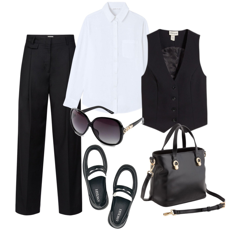 Outfit donna - Mannish di mezza stagione. Stile Mannish per Ufficio. Abbinamento con occhiali da sole, gilet, camicie, mocassini, pantaloni, borse a mano.