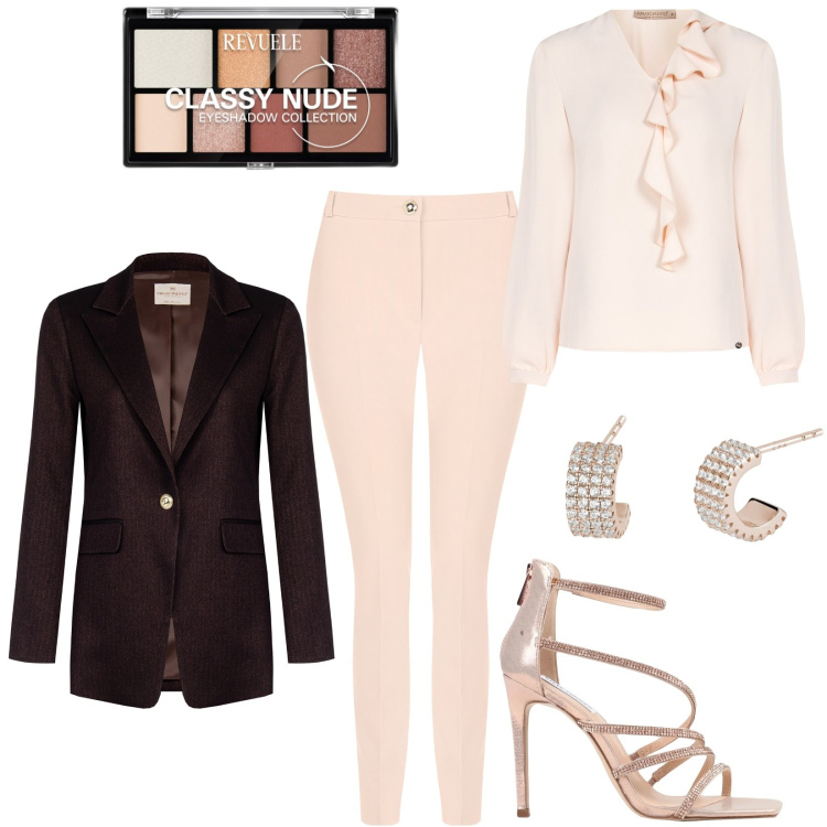 Outfit donna - Una cena romantica. Stile Casual chic per Serata fuori. Abbinamento con sandali col tacco, ombretti, orecchini, blazer, bluse, pantaloni skinny.