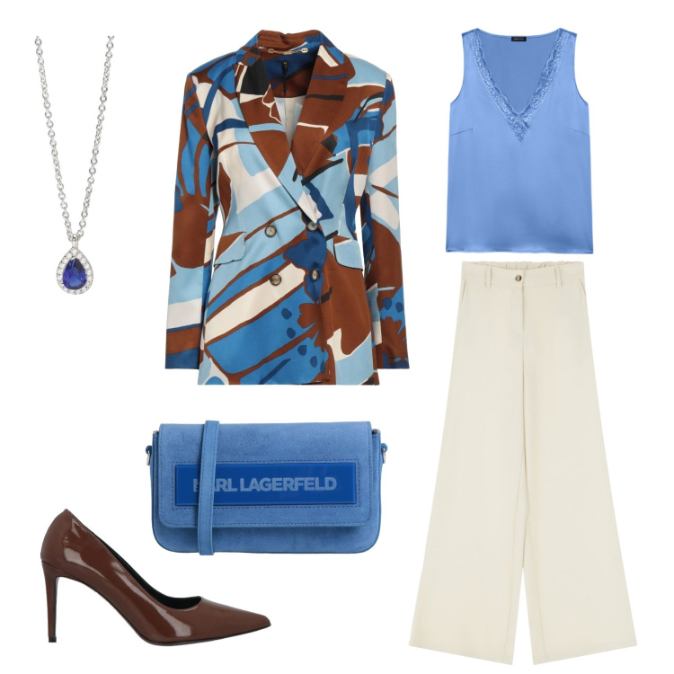 Outfit donna - Una giacca x non passare inosserate. Stile Casual chic Abbinamento con blazer, borse a tracolla, décolleté, collane, pantaloni a palazzo, top.