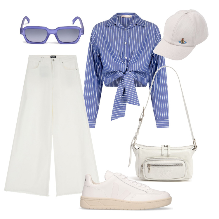 Outfit donna - Con il sole caldo di primavera. Stile Casual per Tutti i giorni. Abbinamento con cappelli con visiera, jeans, camicie, sneakers, occhiali da sole, borse a spalla.