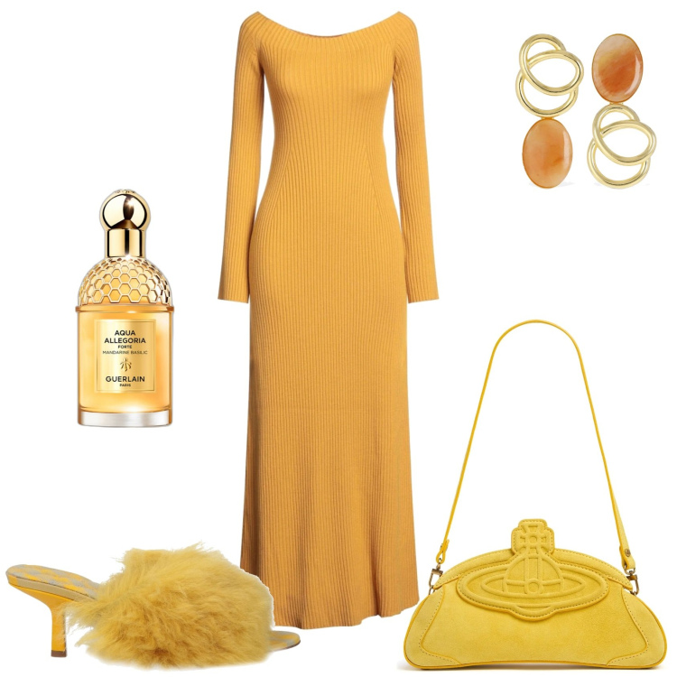 Outfit donna - Il giallo di sera. Stile Glamour per Serata fuori. Abbinamento con vestiti midi/longuette, sandali in pelle, profumi, clutch, orecchini.
