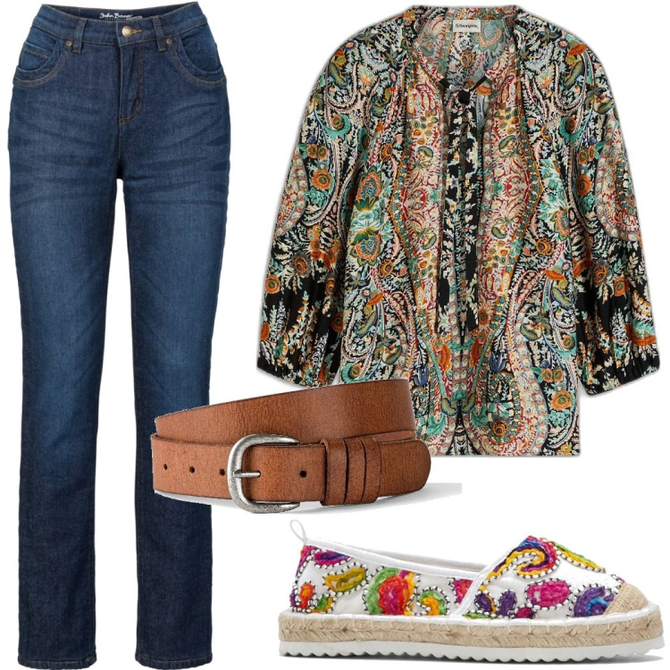 Outfit donna - Primavera Bonprix. Stile Etnico per Tutti i giorni. Abbinamento con bluse, espadrillas, cinture, jeans dritti.