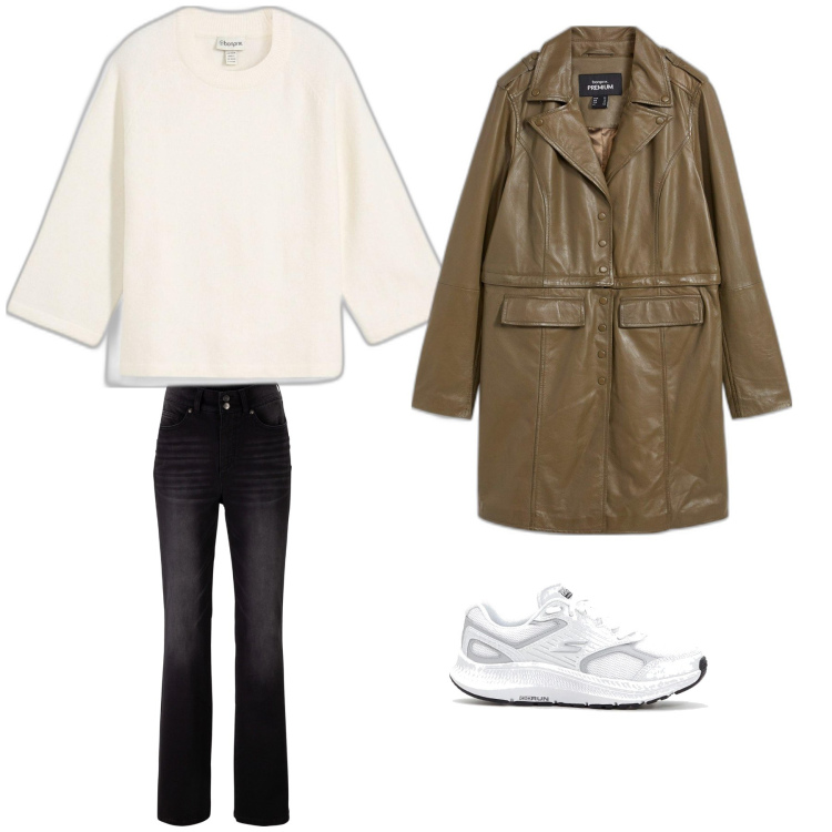 Outfit donna - Aperitivo. Stile Trendy per Tutti i giorni. Abbinamento con jeans bootcut, blazer, t-shirt, sneakers.