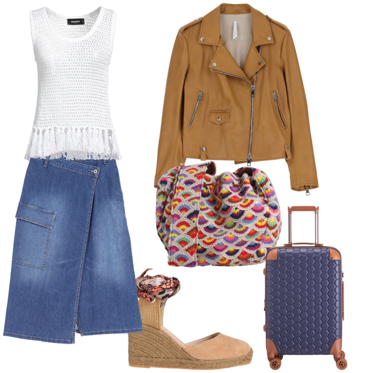 Outfit donna - Viaggio di piacere. Stile Casual chic per Tutti i giorni. Abbinamento con top, borse a spalla, espadrillas, giacche, gonne longuette, valigie.