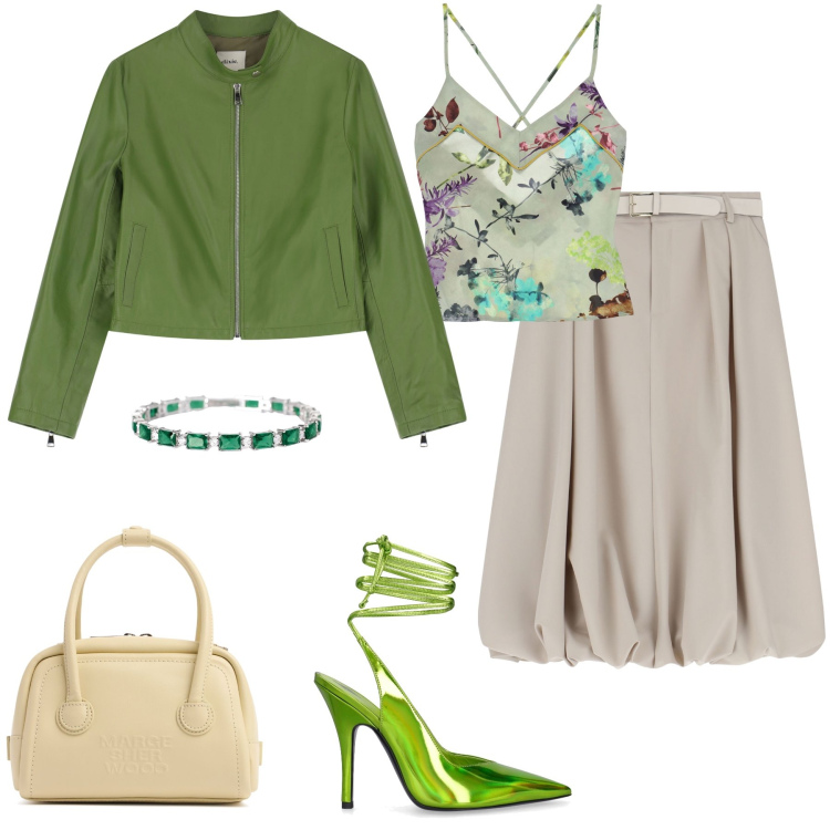 Outfit donna - Verde pistacchio. Stile Chic per Serata fuori. Abbinamento con braccialetti, gonne longuette, giacche, canottiere, décolleté, borse tote.