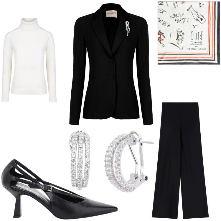 Outfit donna - Chic con brio. Stile Bon Ton per Serata fuori. Abbinamento con orecchini, blazer, pantaloni, décolleté, maglieria, foulard.