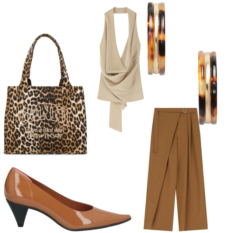 Outfit donna - Il tocco animalier. Stile Casual chic per Tutti i giorni. Abbinamento con décolleté, pantaloni a palazzo, top, orecchini, shopping bag.