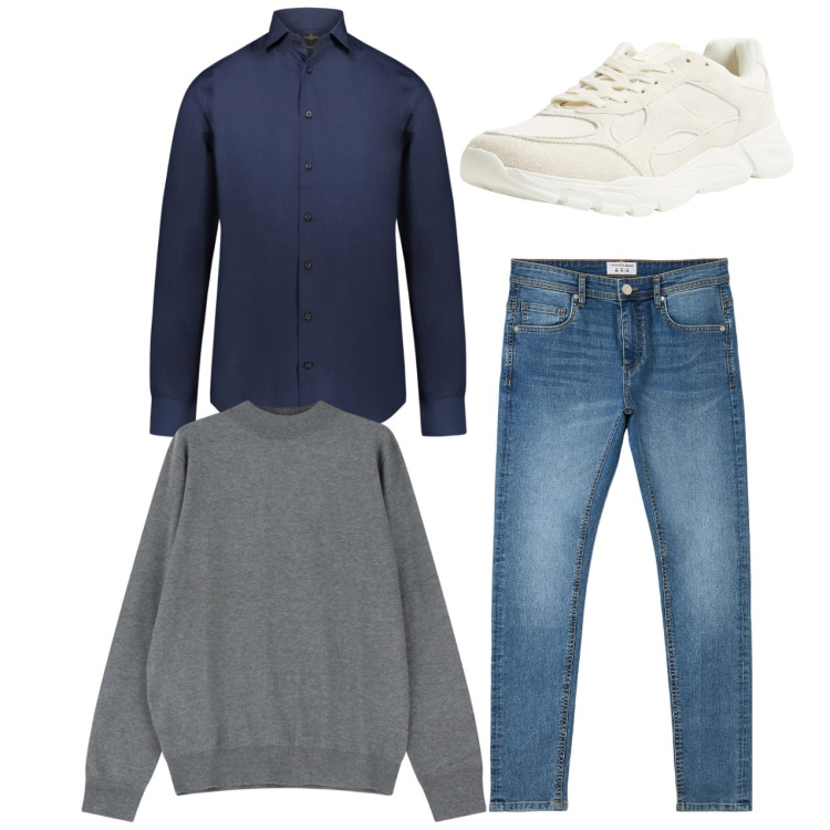 Outfit uomo - City. Stile Casual per Tutti i giorni. Abbinamento con jeans skinny, sneakers, maglieria, camicie.