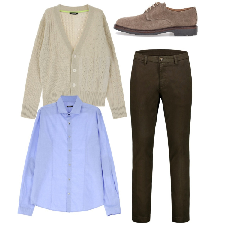 Outfit uomo - In cardigan. Stile Casual per Tutti i giorni. Abbinamento con cardigans, camicie, pantaloni chino, scarpe stringate.