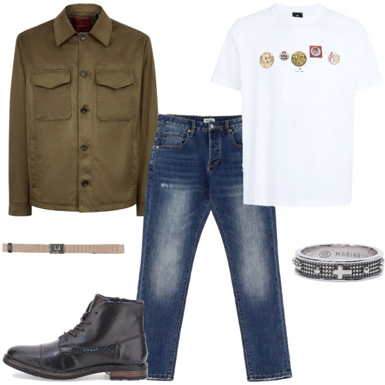 Outfit uomo - Jeans con taglio dritto classico. Stile Trendy per Tutti i giorni. Abbinamento con cinture, t-shirt, anelli, jeans dritti, stivali e stivaletti, giacche.