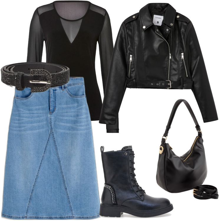 Outfit donna - Total look #2079043. Stile Casual per Tutti i giorni. Abbinamento con maglieria, gonne, cinture, giacche, anfibi, borse a tracolla.