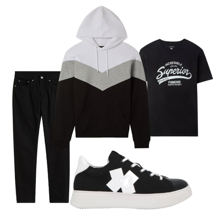 Outfit uomo - Total look #2079059. Stile Casual per Tutti i giorni. Abbinamento con jeans slim fit, sneakers, felpe con cappuccio, t-shirt.