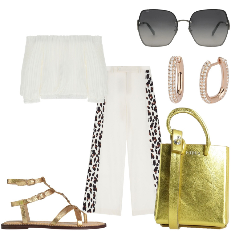 Outfit donna - Pantaloni ampi e top. Stile Trendy per Tutti i giorni. Abbinamento con infradito, occhiali da sole, borse a spalla, orecchini, pantaloni a palazzo, top.