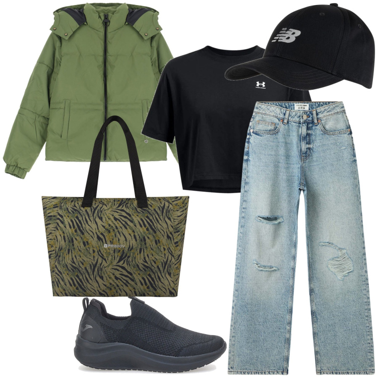 Outfit donna - La giacca di primavera. Stile Casual chic per Tutti i giorni. Abbinamento con jeans strappati, cappelli con visiera, piumini, shopping bag, t-shirt, sneakers.