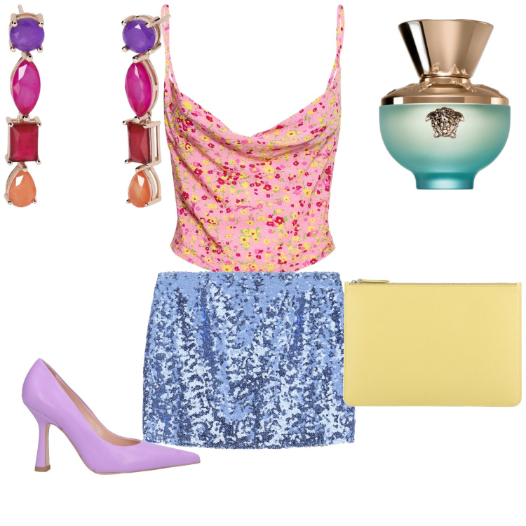Outfit donna - Tutti i colori della primavera. Stile Sexy per Serata fuori. Abbinamento con décolleté, pochette, profumi, orecchini, minigonne, top.