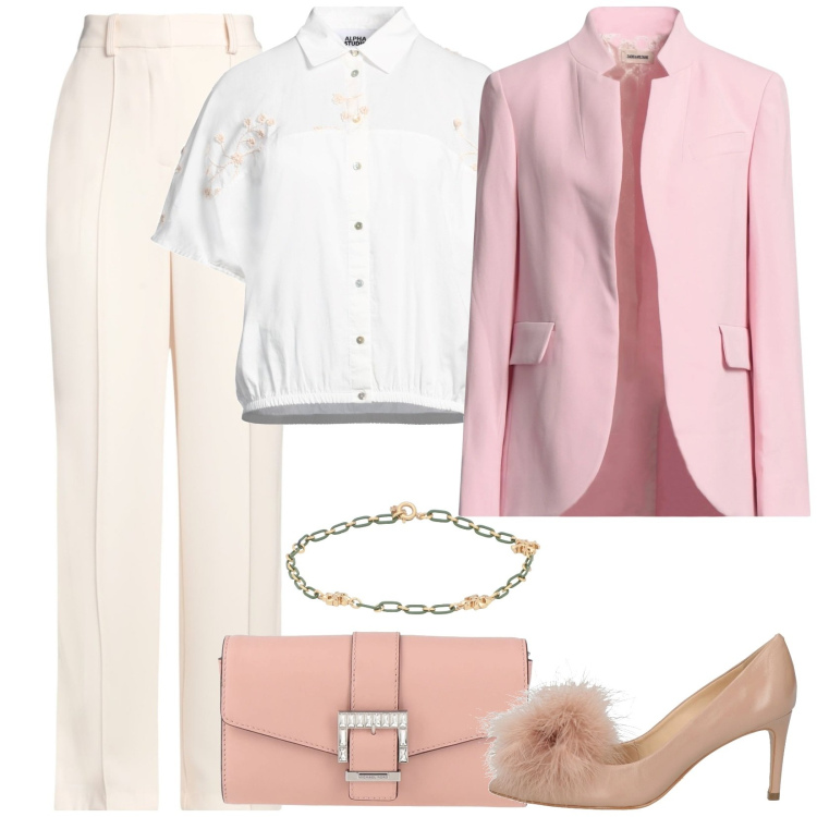 Outfit donna - Tutto tenue. Stile Romantica per Cerimonia. Abbinamento con camicie a manica corta, blazer, pantaloni, borse a mano, décolleté, braccialetti.