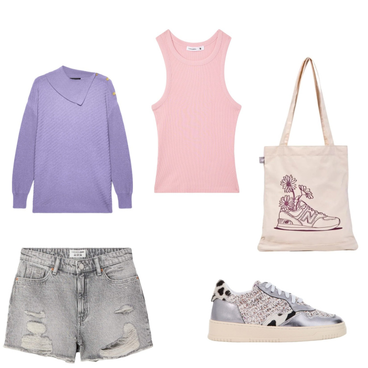 Outfit donna - Lilla e rosa. Stile Casual chic per Tutti i giorni. Abbinamento con shorts, top sportivi, shopping bag, sneakers, maglieria.